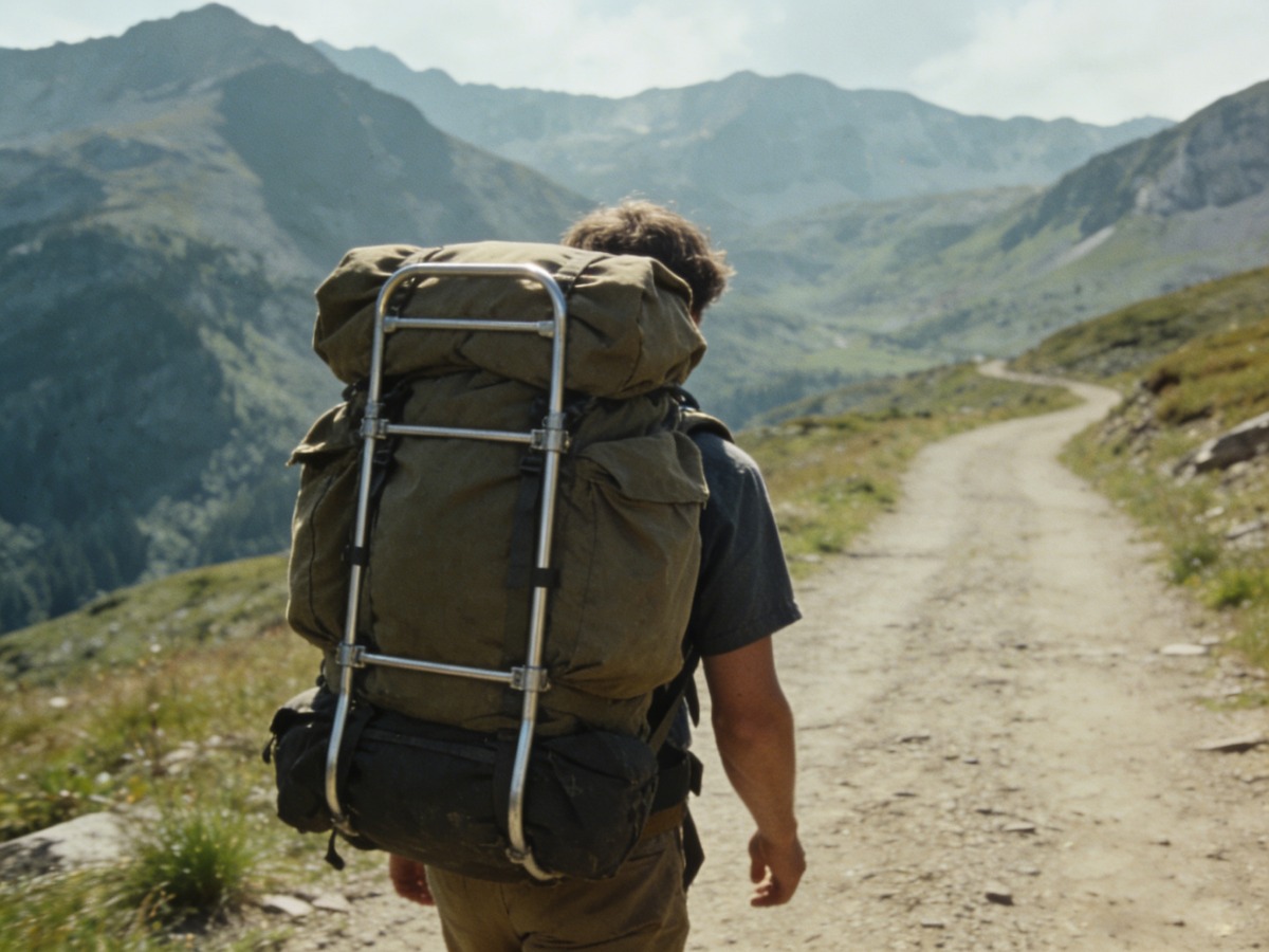 Miaka ya 1980 mkoba wa nje wa kupanda kwa fremu iliyoundwa kwa kubeba mzigo mzito na fremu ya alumini na usambazaji wa uzani unaobadilishwa nyuma.