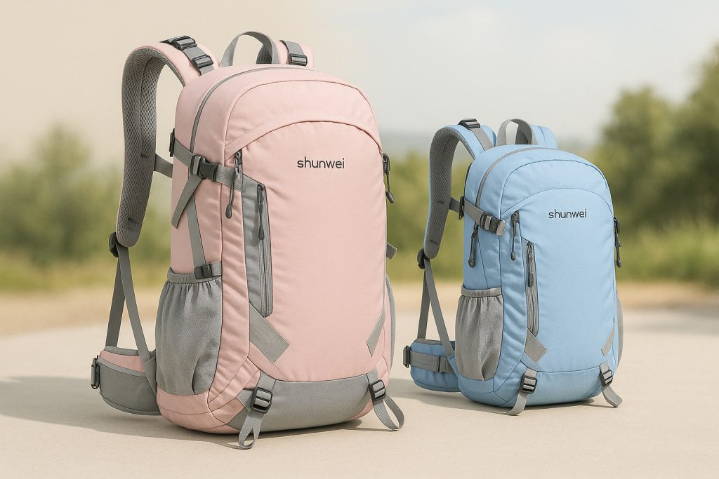 20L and 30L Shunwei hiking backpacks shown side by side outdoors, demonstrating real size comparison for long-distance hiking use.