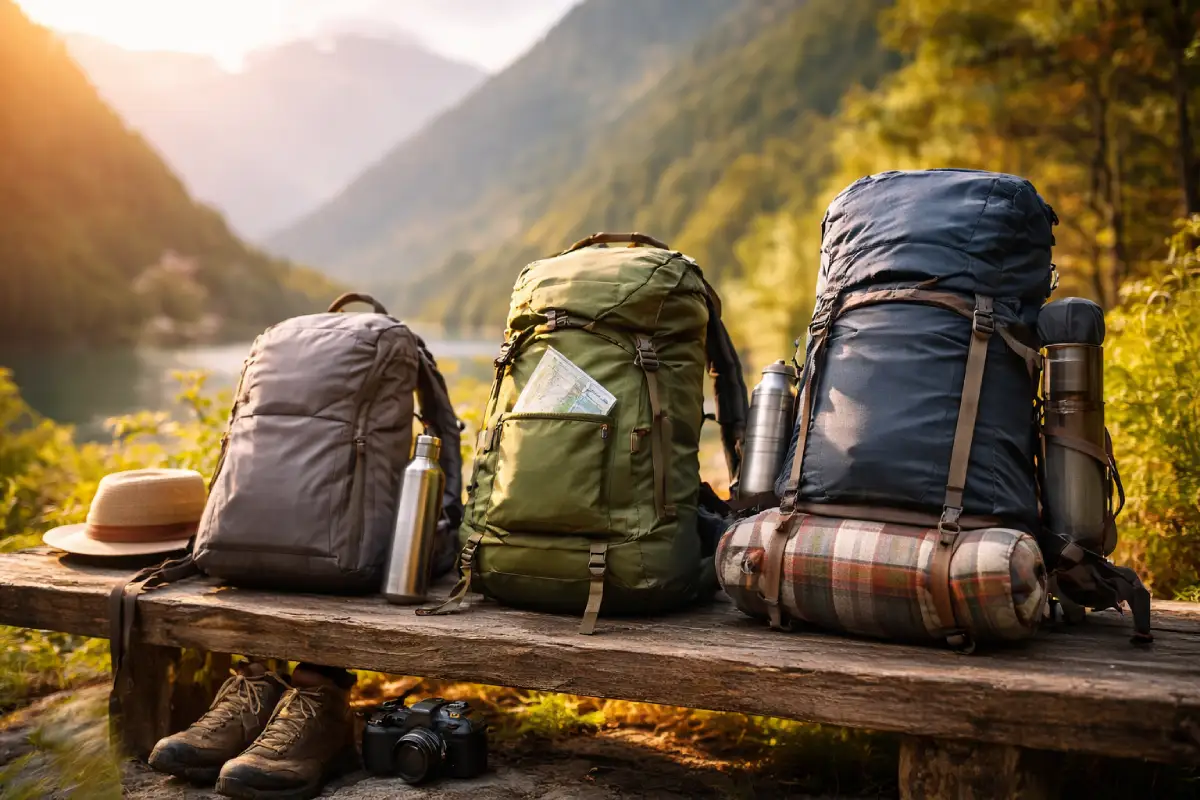 Three travel backpacks (30L, 40L, 50L) arranged on a bench by a serene mountain lake, showcasing the different packing capacities for winter travel.