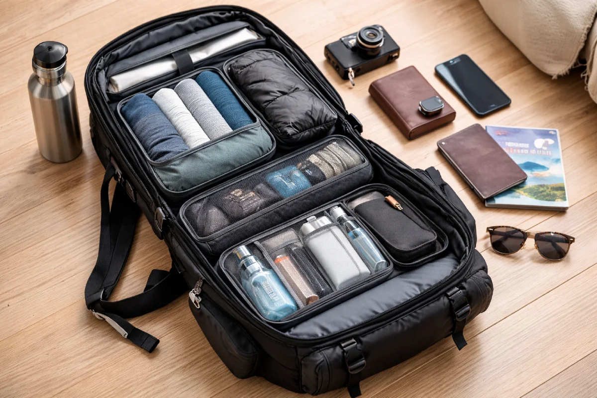 അന്താരാഷ്‌ട്ര യാത്രയ്‌ക്കായി പായ്ക്ക് ചെയ്‌തിരിക്കുന്ന 30L ബാക്ക്‌പാക്കിൻ്റെ ഉള്ളിലെ കാഴ്ച