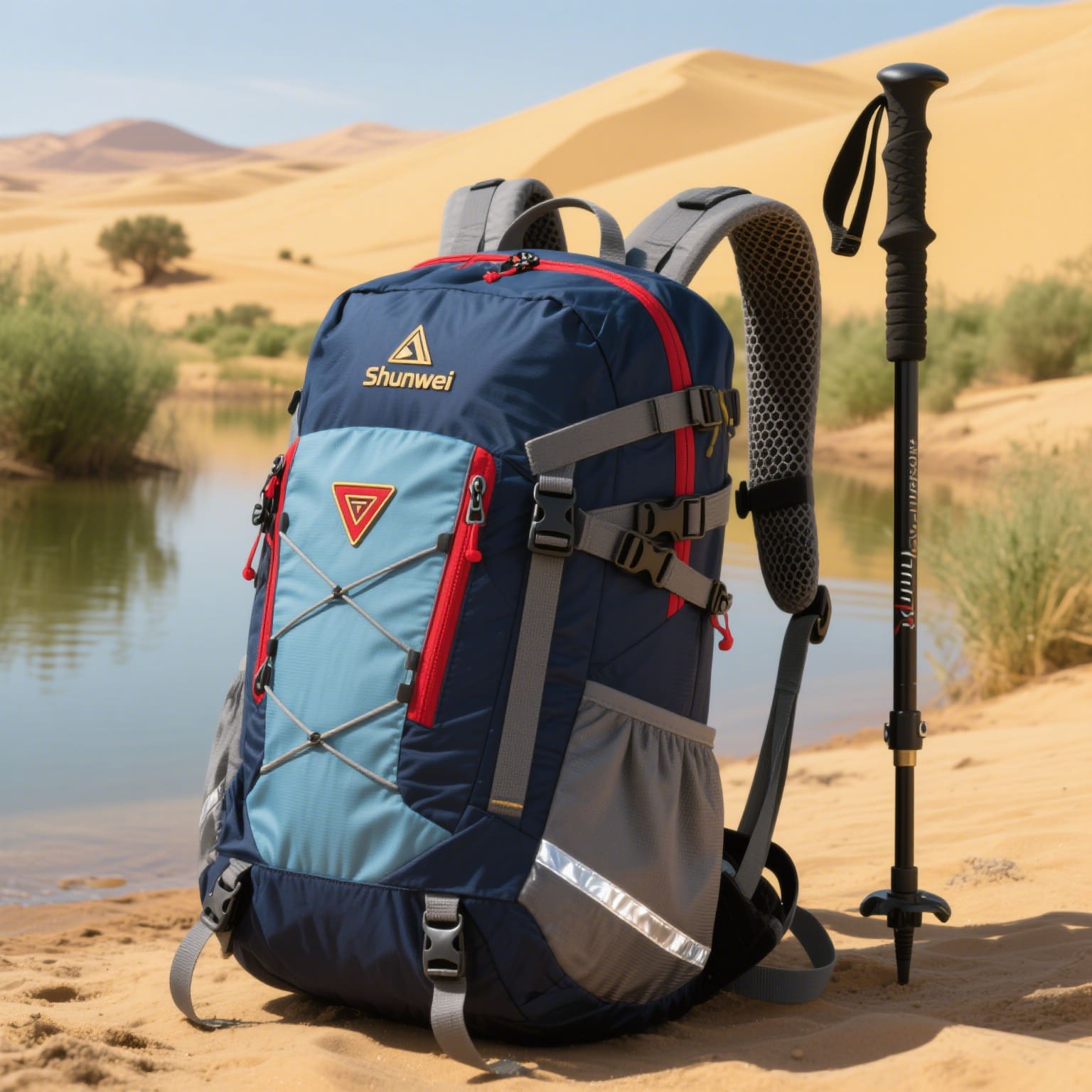 30l Amazi yo gutembera ahagaze munzira yo mu butayu iruhande rwa Pole ya Trekking, yagenewe intera ndende kandi ivanze-ikirere cyo gukoresha hanze