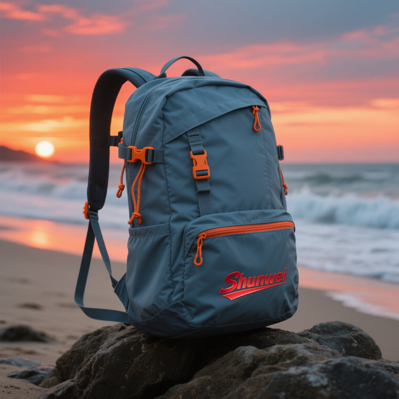 30l Hikiking Igikapu hamwe na Hydration Systegrafia ku mucanga mugihe izuba rirenze, bigenewe abastandamu gakondo bakeneye ibitsina byinyongera