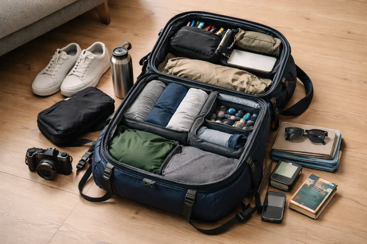 Egin-eşik, noutbuk we hajathana ýaly bir hepdelik syýahat üçin 40L sumkanyň içine nämäniň laýykdygyny mysal