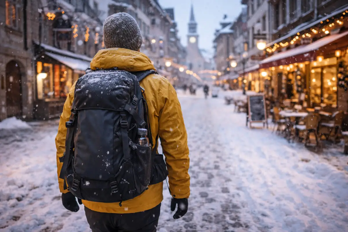 นักเดินทางสวมกระเป๋าเป้ขนาด 40 ลิตรเดินผ่านถนนในเมืองในยุโรปที่เต็มไปด้วยหิมะในฤดูหนาว