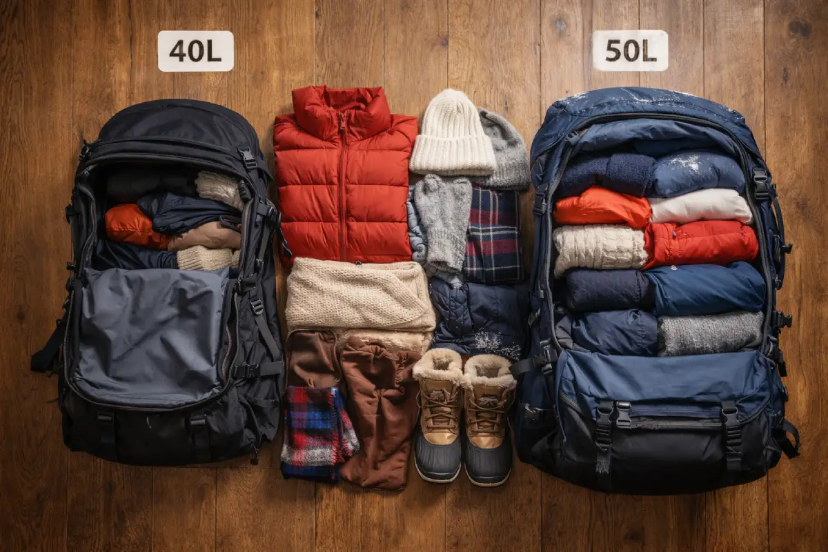 Größenvergleich zwischen 40-Liter- und 50-Liter-Winterrucksäcken mit sperriger Winterkleidung und Stiefeln
