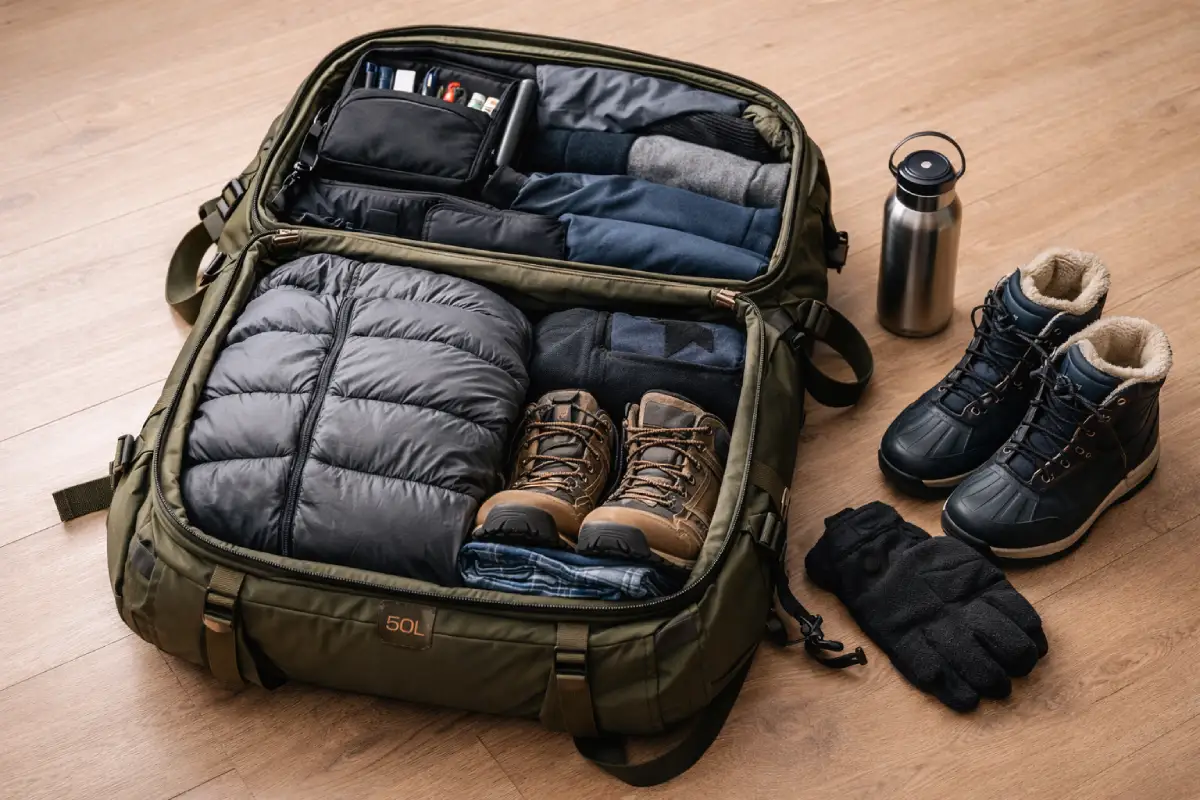 Gyşky syýahat üçin penjek aýakgaplary we sowuk howa enjamlary bilen gaplanan 50L sumka açyň