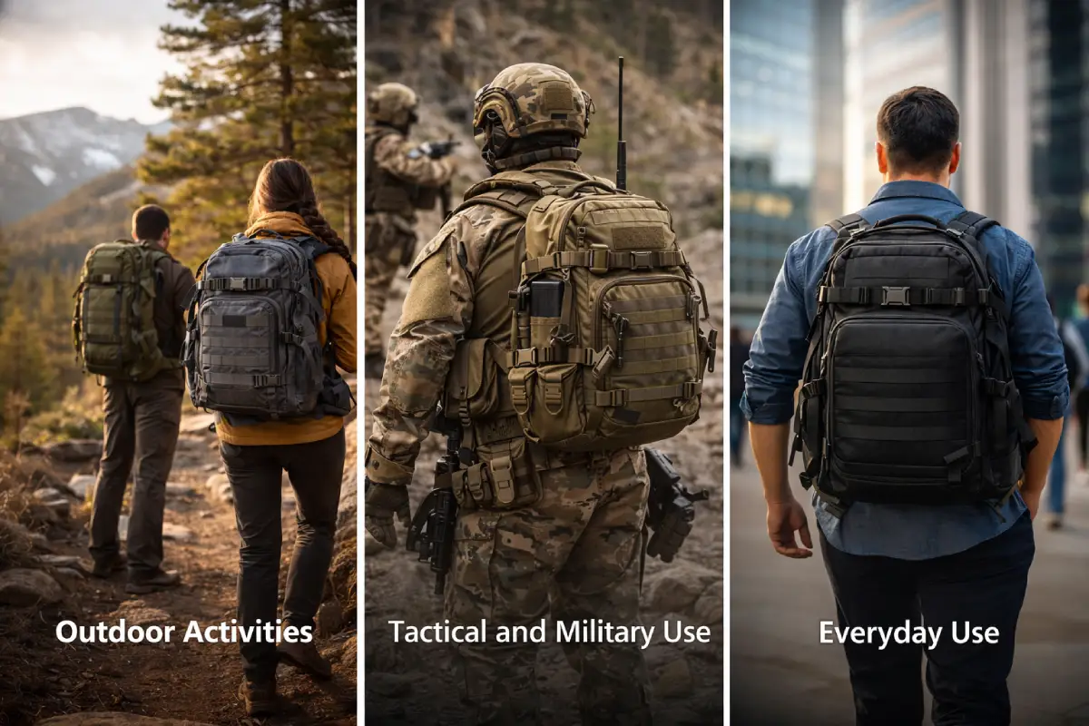 Triptych yang mempamerkan kepelbagaian beg galas fabrik 900D dalam tiga persekitaran berbeza: mendaki luar, penggunaan taktikal tentera dan berulang-alik setiap hari. Setiap imej menampilkan individu yang membawa beg galas 900D tahan lasak yang sesuai untuk aktiviti mereka dalam tetapan yang berbeza.