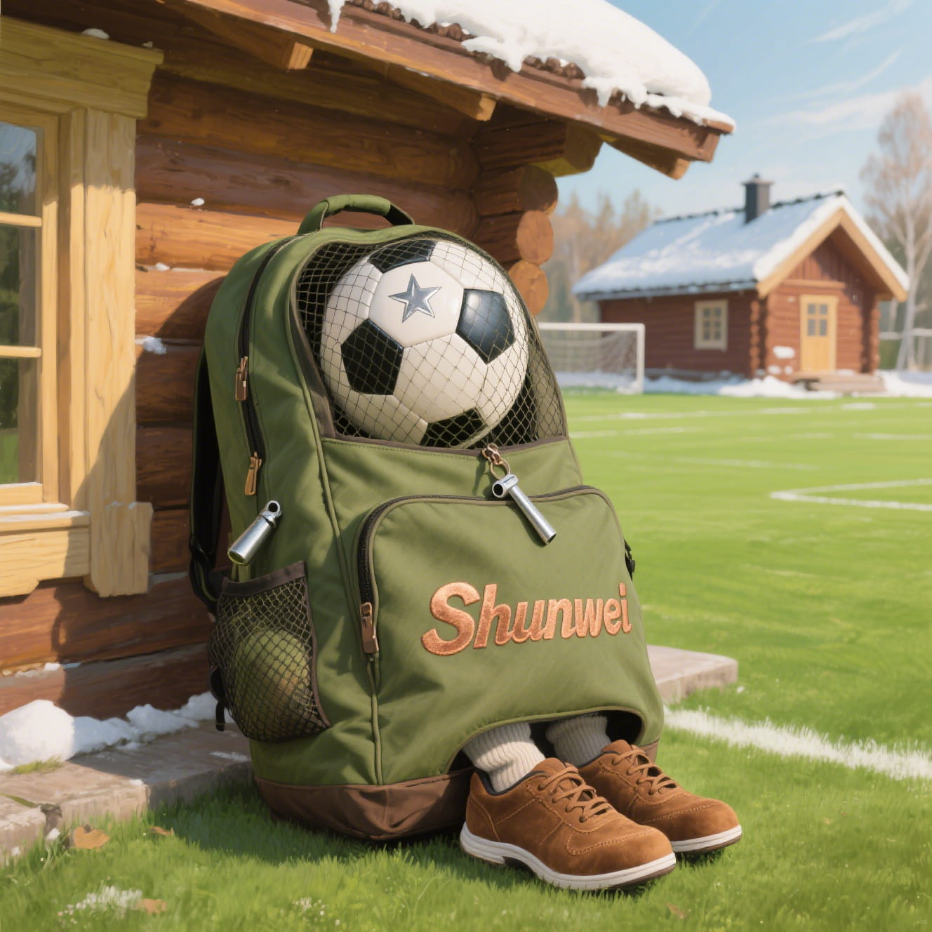 Green double-compartment football backpack