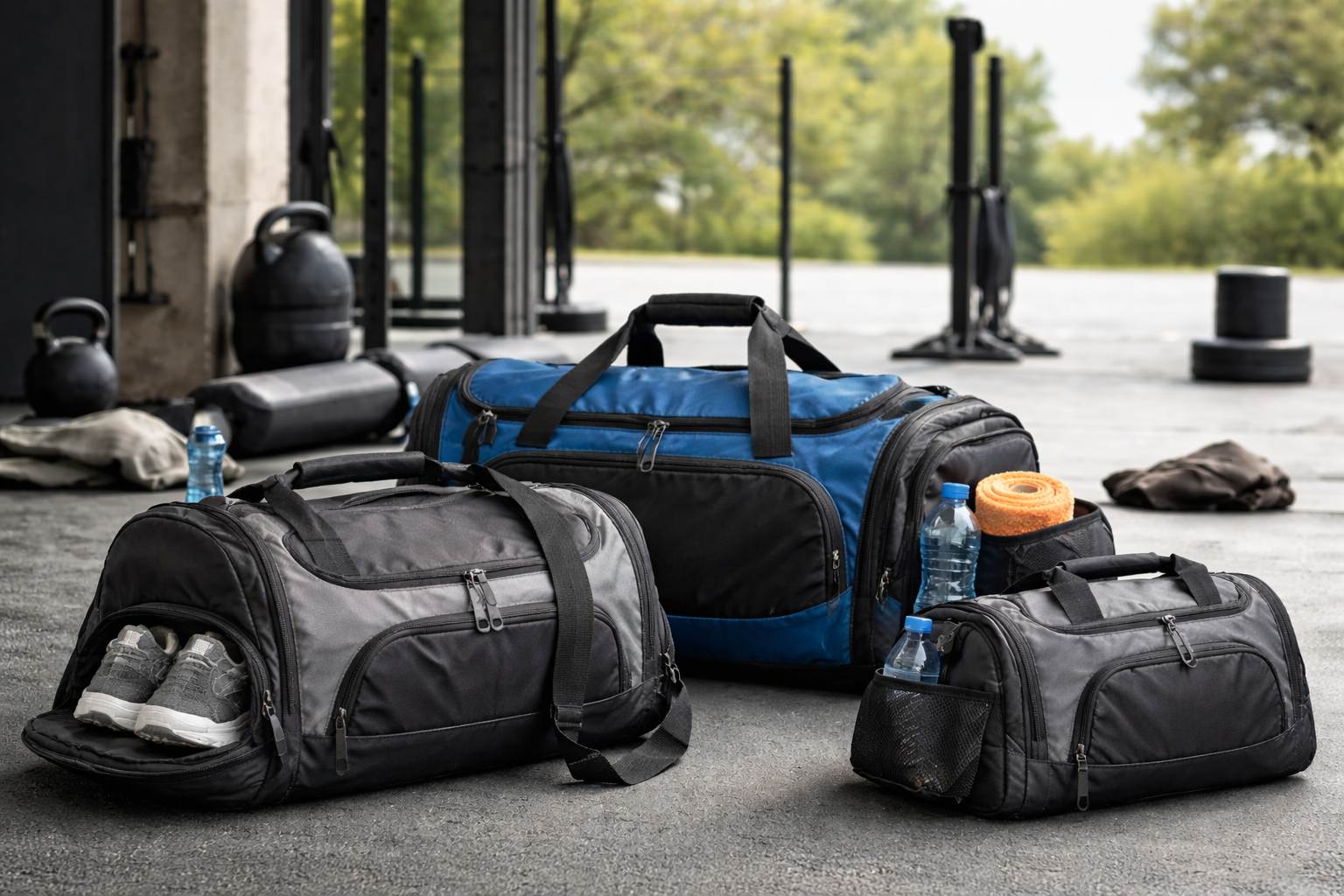 Different size gym duffel bags with shoes, water bottles, and compartments, illustrating storage capacity and load distribution for training use
