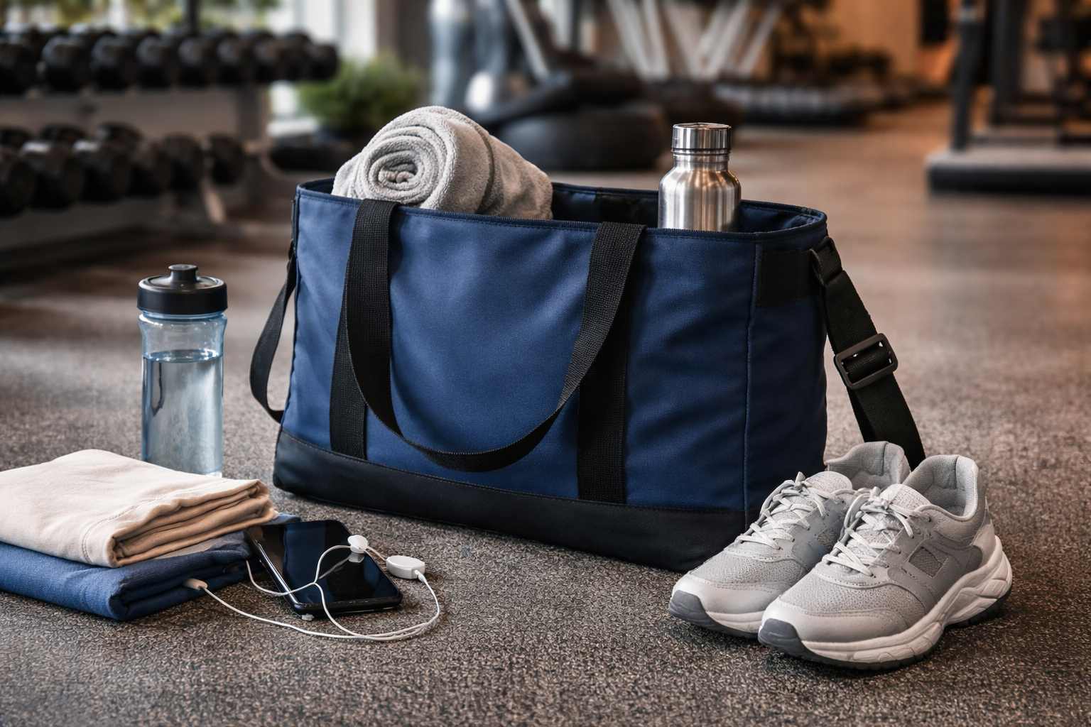 Gym duffel bag packed with towel, water bottle, shoes, and essentials, illustrating realistic gym bag weight and load capacity