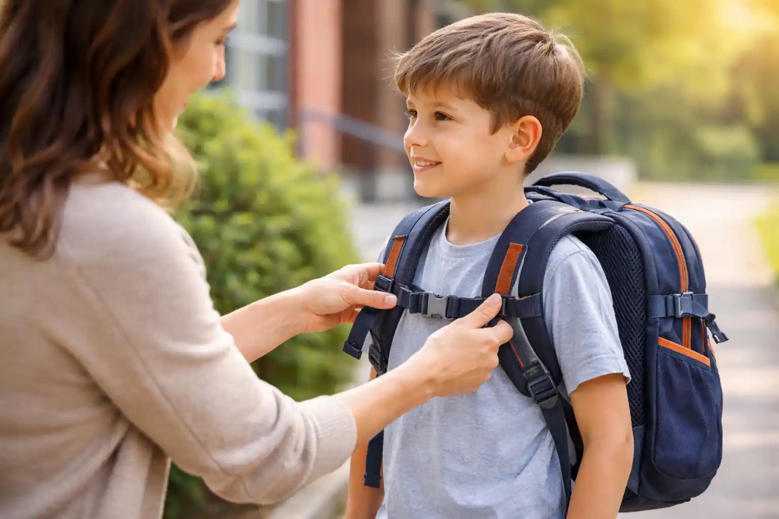 ເດັກນ້ອຍປັບກະເປົ໋ານັກຮຽນໃຫ້ເໝາະສົມເພື່ອປັບປຸງທ່າທາງ ແລະ ຫຼຸດຜ່ອນຄວາມເມື່ອຍລ້າຂອງກະດູກສັນຫຼັງໃນລະຫວ່າງກິດຈະວັດປະຈຳວັນຂອງໂຮງຮຽນ.