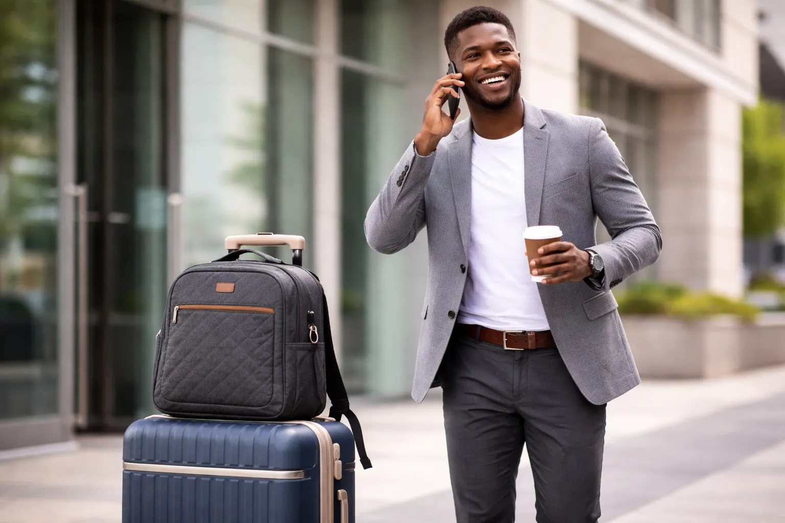 Home afroamericà segur amb un blazer gris i un vestit informal, somrient mentre parla per telèfon, amb una elegant maleta blau marí i una motxilla coordinada al costat davant d'un edifici d'oficines modern.