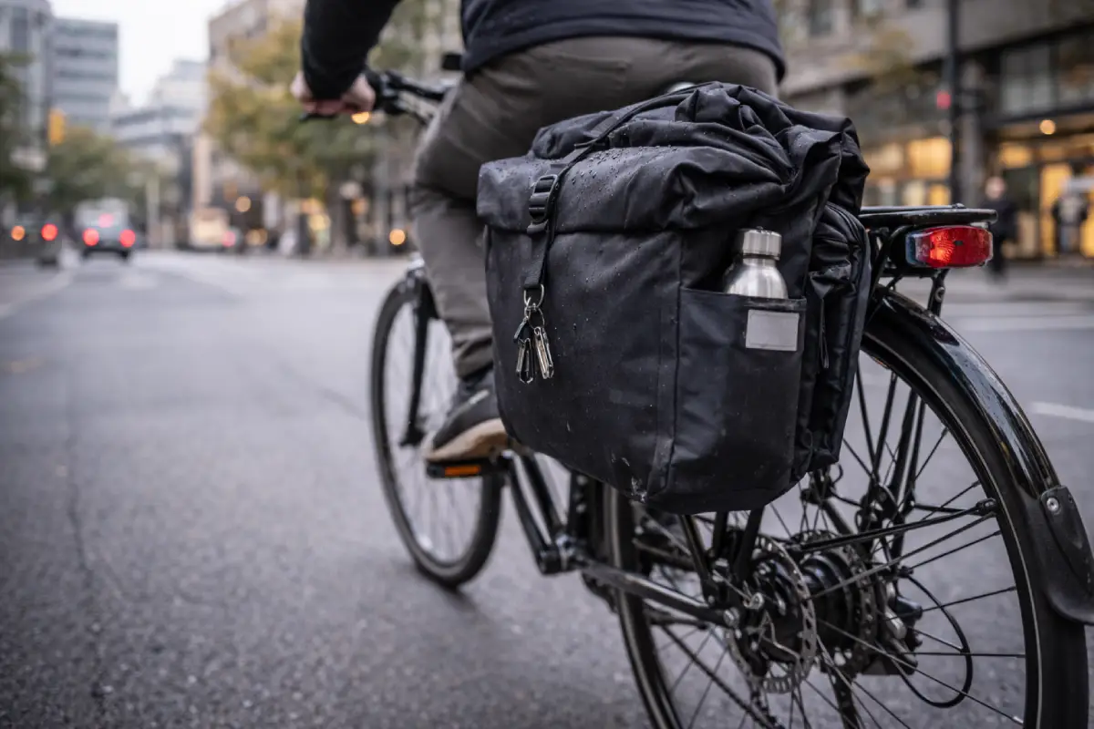 Тұрақты артқы тартпасы бар қалалық жолаушылар велосипедінің артқы көрінісі. Күнделікті жүруге арналған теңселуге қарсы велосипед сөмкесін орнату.