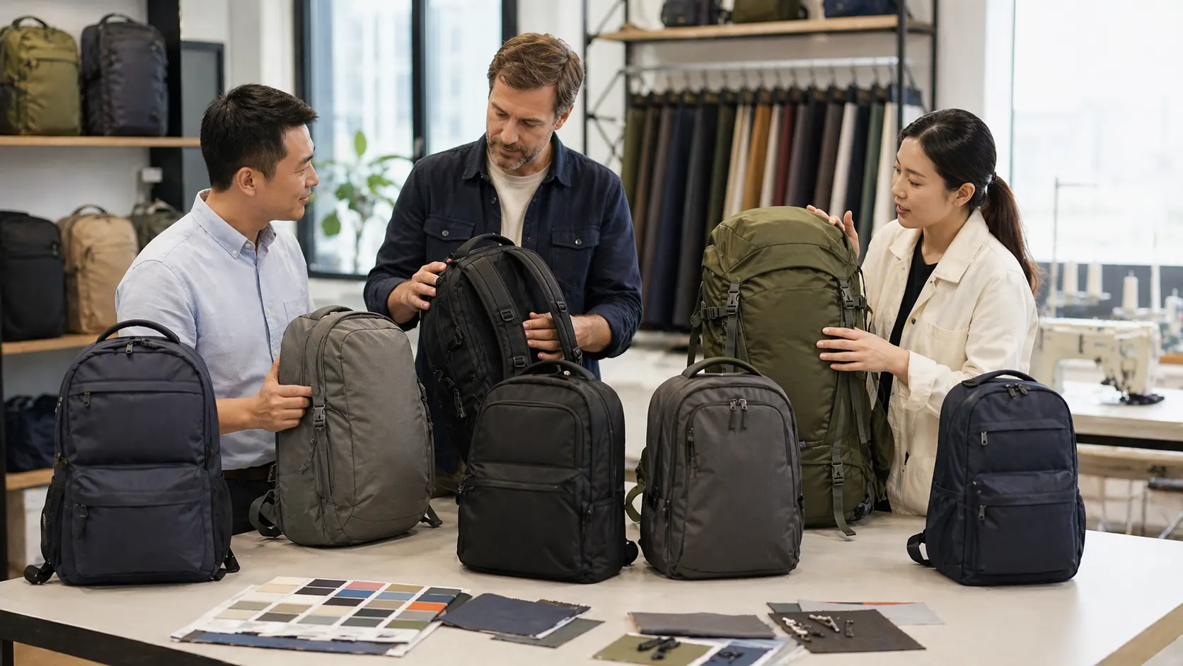 Buyers and product specialists reviewing backpack samples in a factory showroom before placing a bulk order, including travel, business, and hiking backpack styles.
