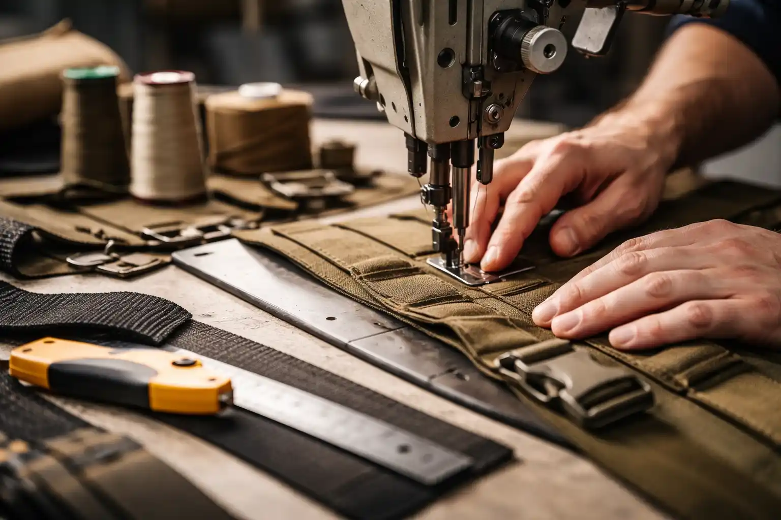 Close-up of a worker sewing an olive green backpack under an industrial sewing machine, highlighting precision and craftsmanship.