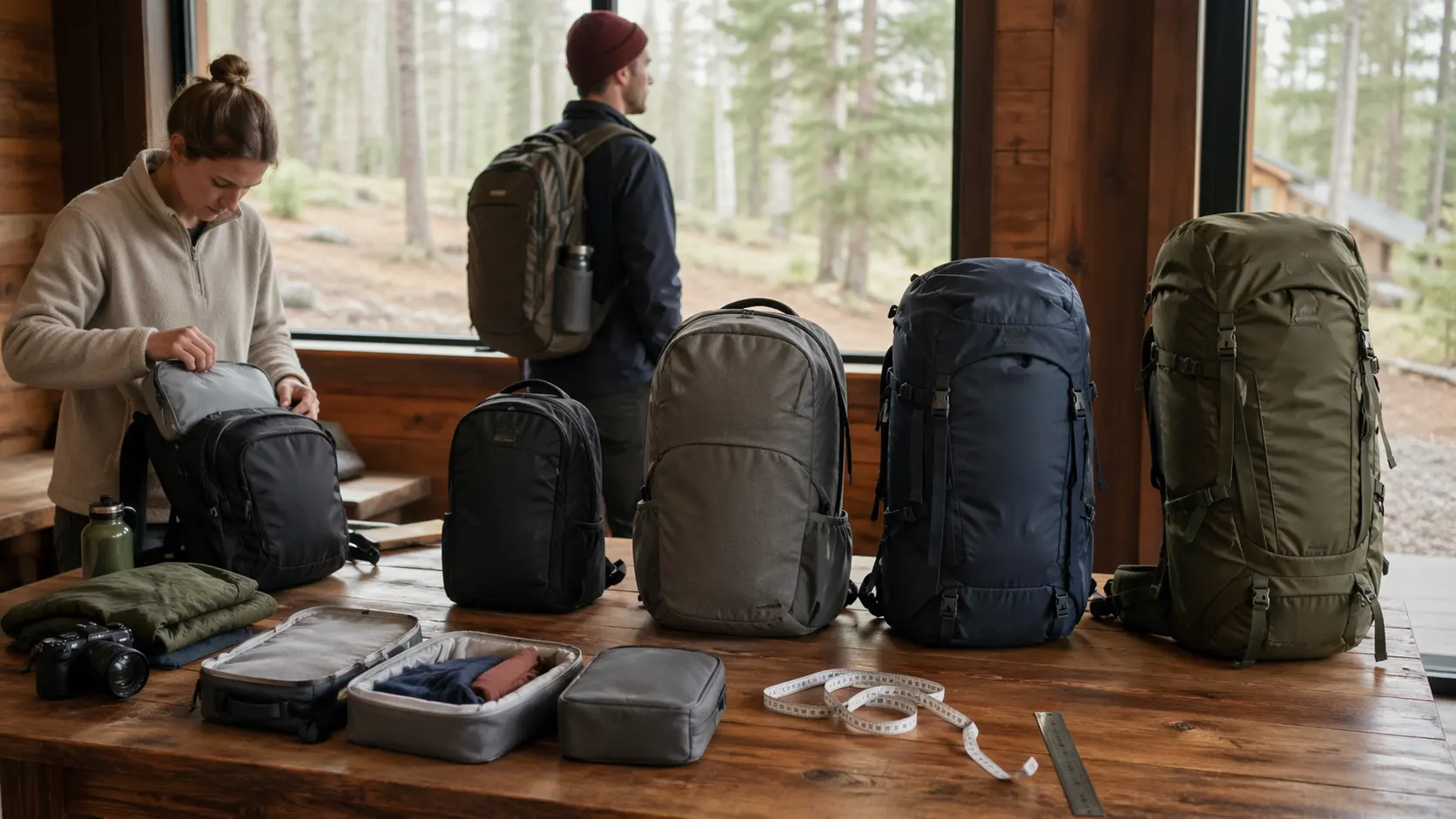 A variety of backpacks ranging from small to large sizes, arranged on a wooden table with outdoor gear, measuring tape, and packing cubes. The scene shows a person preparing for a hiking trip, with a rustic cabin background and natural light filtering through the window.