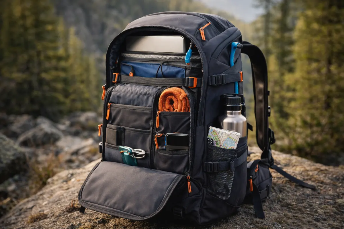 Modern backpack with multiple compartments, side pockets, and organized storage features