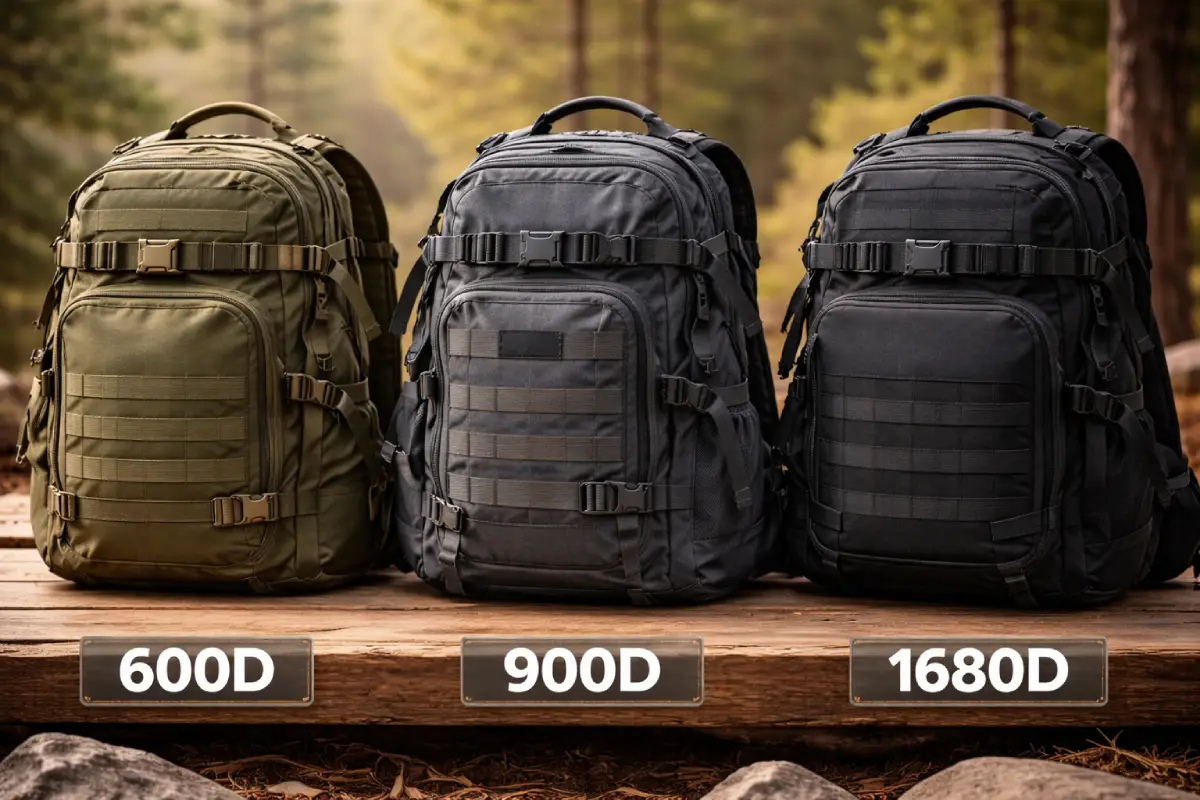 Perbandingan tiga beg galas taktikal yang diperbuat daripada fabrik berbeza: 600D, 900D dan 1680D, dipaparkan pada permukaan kayu dengan latar belakang hutan yang kabur. Setiap beg galas dilabelkan dengan jenis fabrik masing-masing, mempamerkan ciri dan ketahanannya.