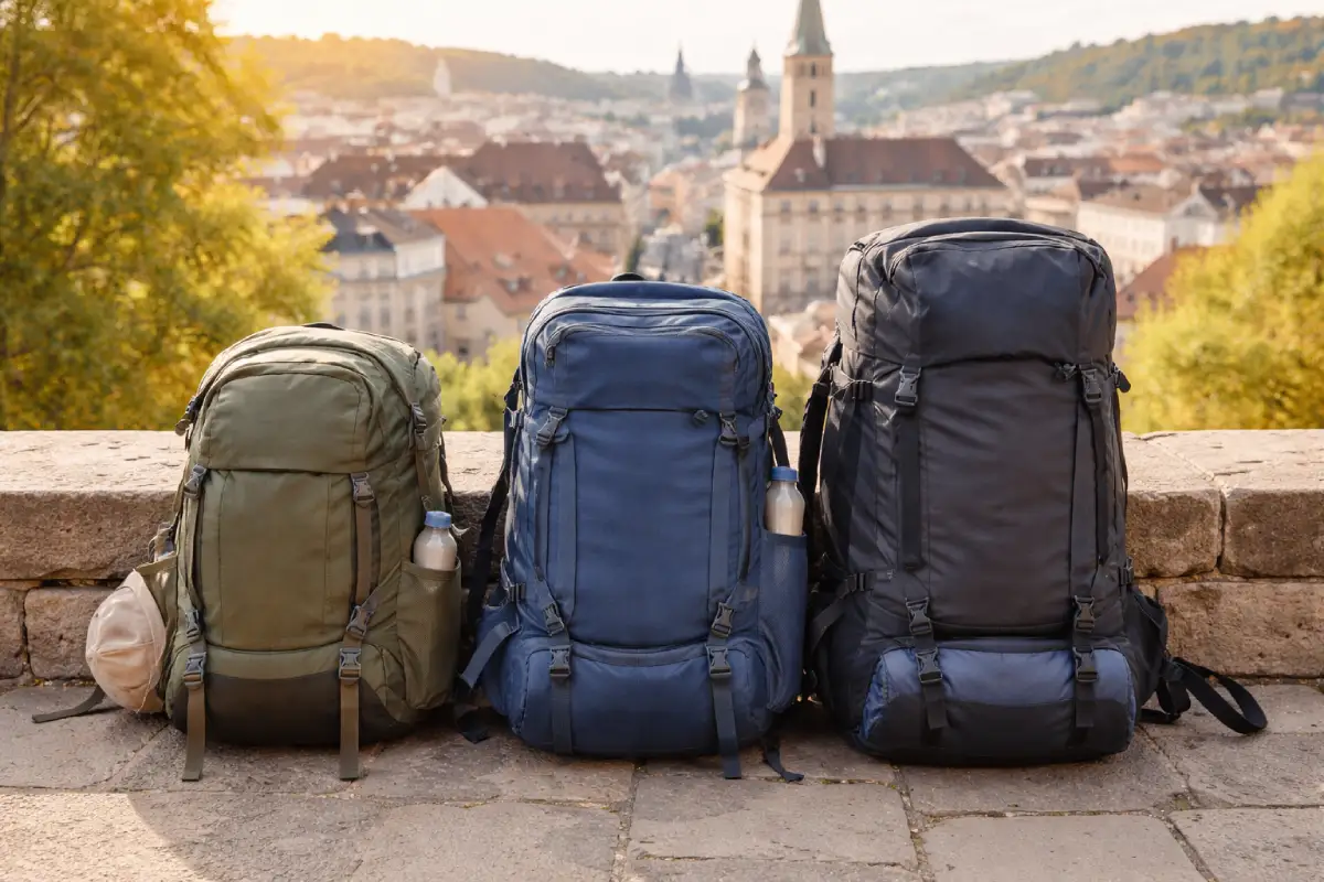 Best backpack size for a 7-day trip comparison showing 30L, 40L and 50L travel backpacks in a real outdoor travel setting