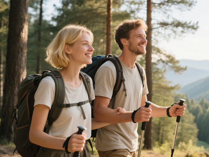 Babiri batangira batererana bambaye imifuka yoroheje bagenda munzira yishyamba mugihe cyizuba.