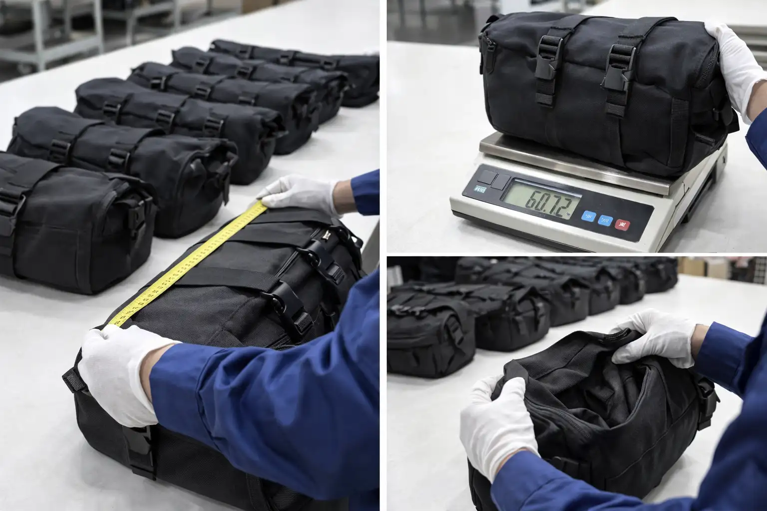 OEM bicycle bag QC inspection with dimension measurement and weight check for bulk production consistency