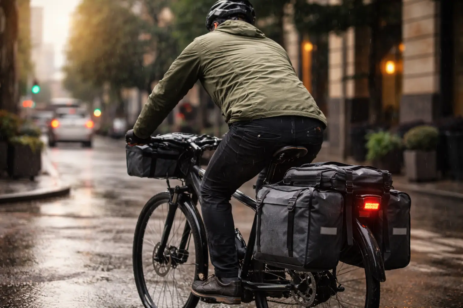 بایسکل چلوونکي په باراني ښاري شرایطو کې د ورځني تګ راتګ لپاره د واټر پروف بایسکل پینیر کڅوړو په کارولو سره تګ راتګ کوي