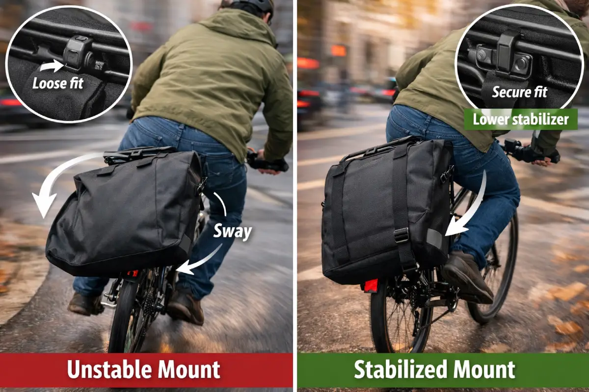 بې ثباته بایسکل پینیر د ښاري سفر په جریان کې د ټیټ سټیبلائزر کلپ په کارولو سره د مستحکم پینیر سره پرتله کوي