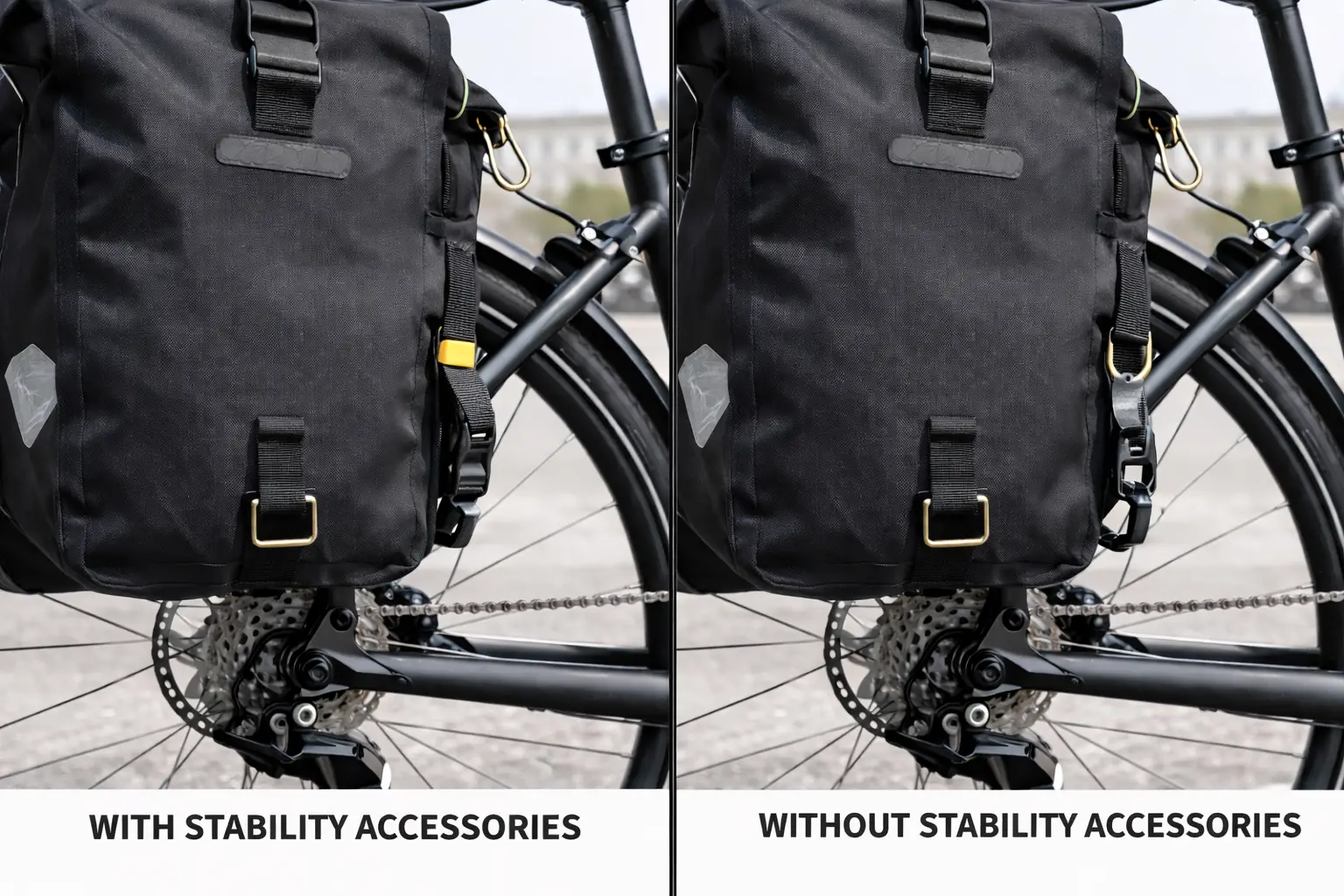 Shirillashga qarshi yostiqli va pastki ilgak stabilizatori bo'lgan pannier sumkasi bilan bo'lmagan sumkani solishtirish. Barqarorlik aksessuarlari qanday qilib harakatni kamaytiradi, shitirlashi va g'ildirak ishqalanishini oldini oladi.