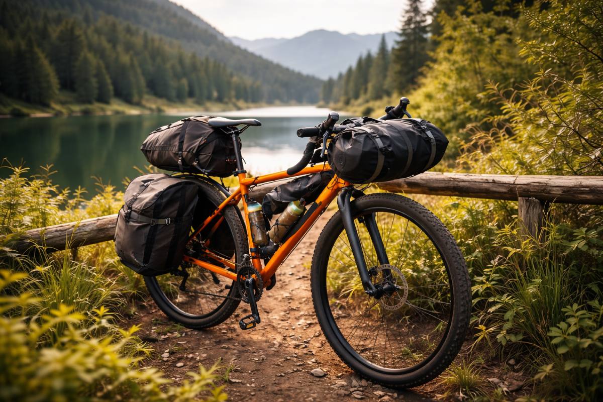 Baiskeli iliyopakiwa ya changarawe inayoonyesha mkoba wa mpini, begi la fremu, begi la tandiko na paniani kwenye kingo za ziwa kwa saa ya dhahabu.