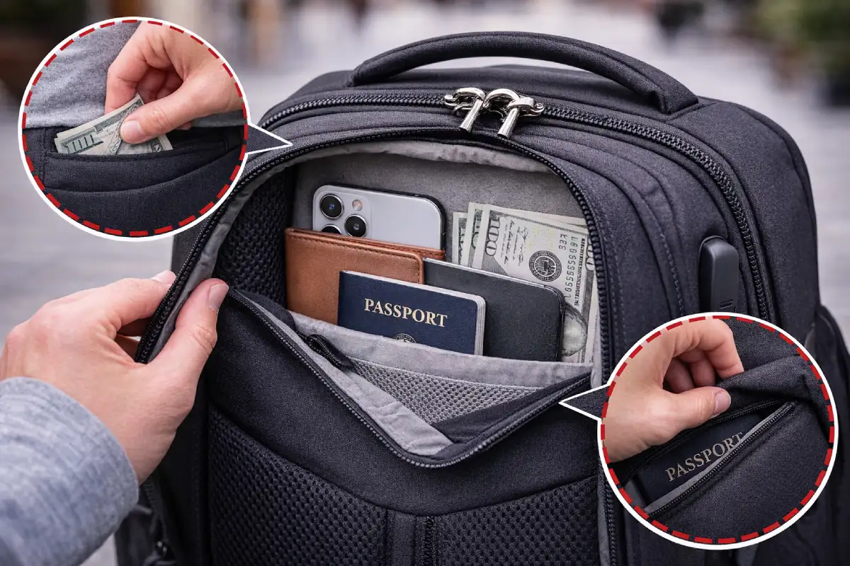 Close-up Bild vun engem schwaarzen Anti-Déifstall Rucksak mat engem verstoppte Fach, deen e Pass, Smartphone a Suen dobannen weist, mat engem Zipper a Stoffklappe fir zousätzlech Sécherheet.