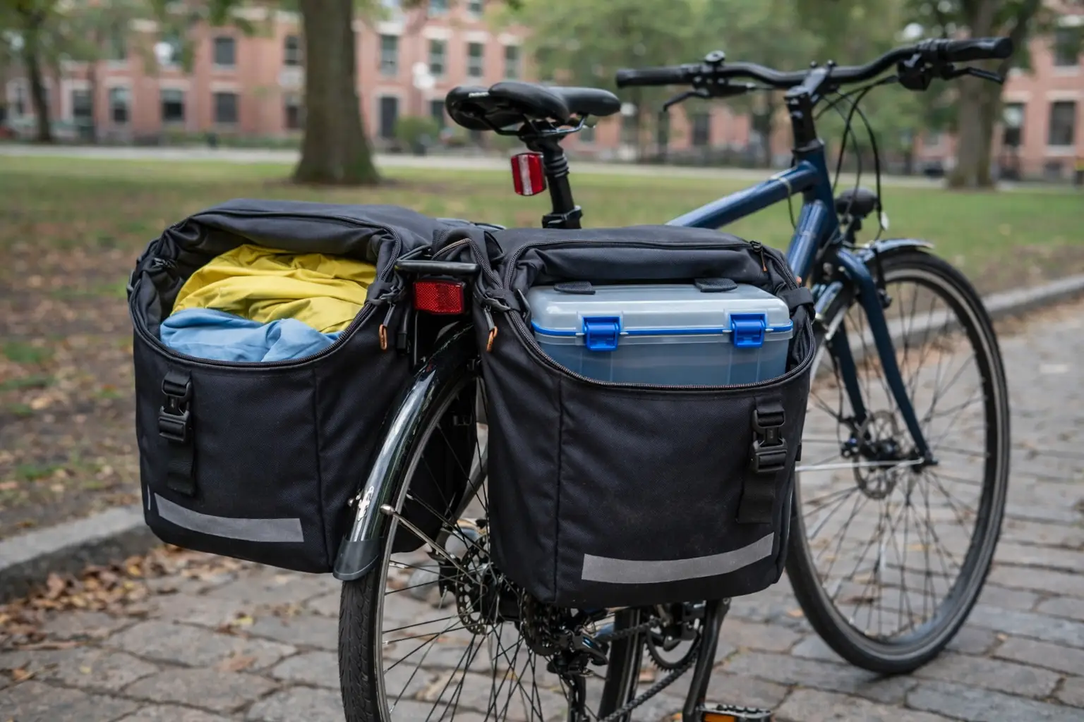 Atvērta velosipēda soma, kas pildīta ar stingru kasti un saspiežamu mīksto aprīkojumu, kas parāda, kā slodzes forma rada atšķirīgu slodzi uz somas.