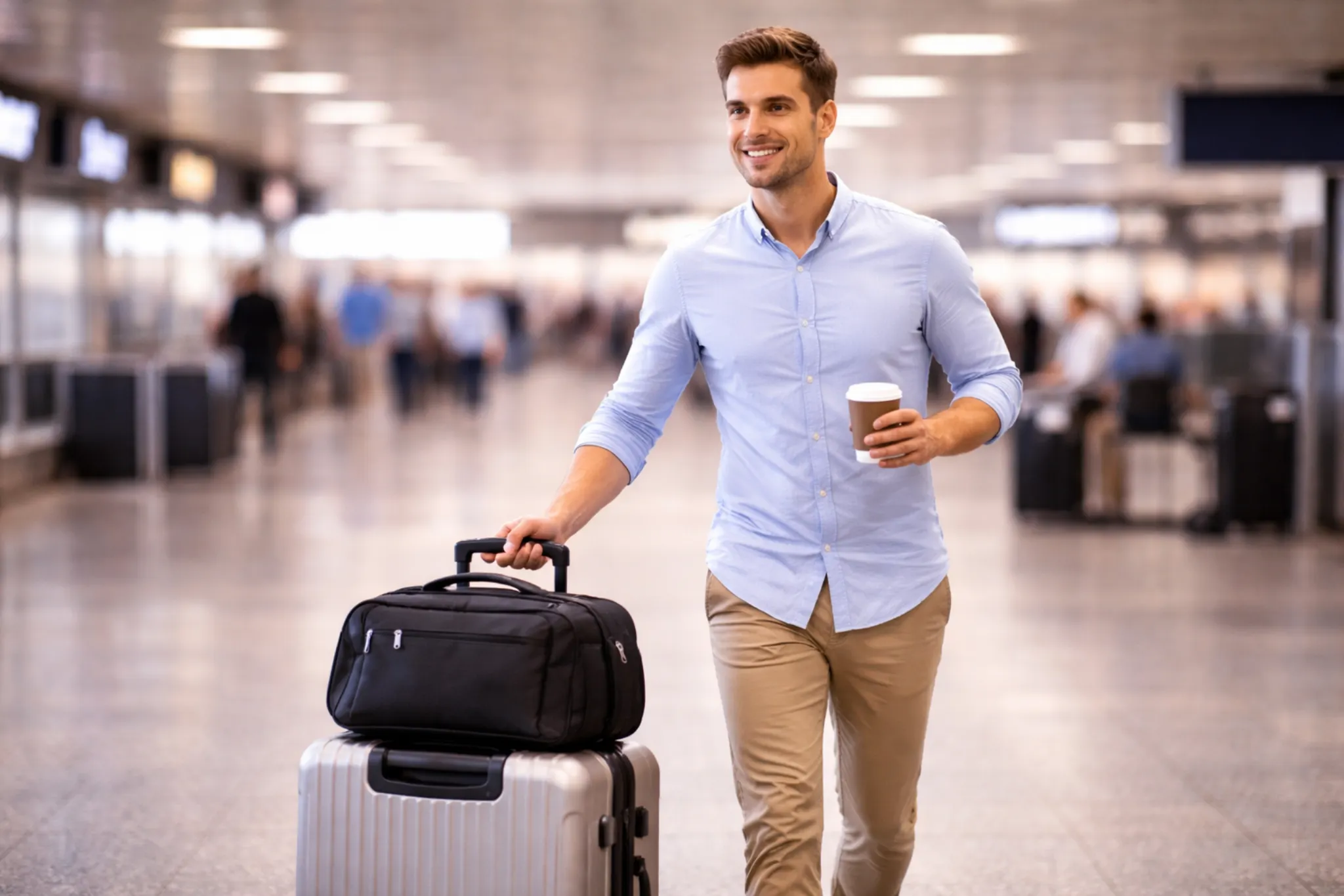 Un viatger de negocis amb una camisa blau clar caminant per l'aeroport, sostenint una tassa de cafè amb una mà mentre estira una maleta amb l'altra mà.