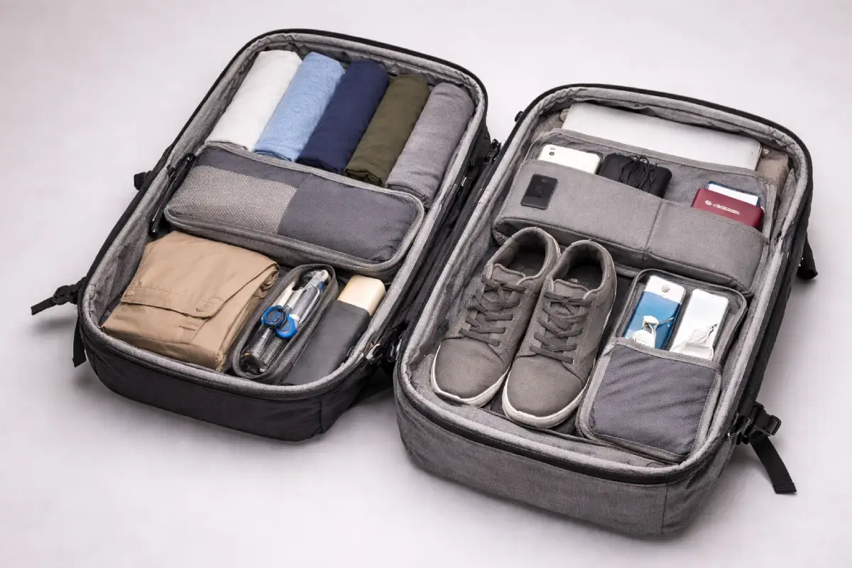 ایئر لائن کیبن سائز کی تعمیل کے لیے منظم کلیم شیل ٹریول بیگ کو موثر طریقے سے پیک کیا گیا ہے۔