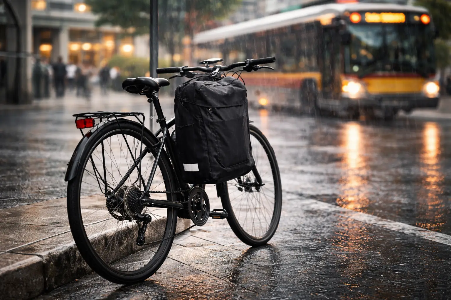 Waterproof pannier bag on a commuter bicycle in heavy rain, used for evaluation of bicycle bags for commuting in 2026