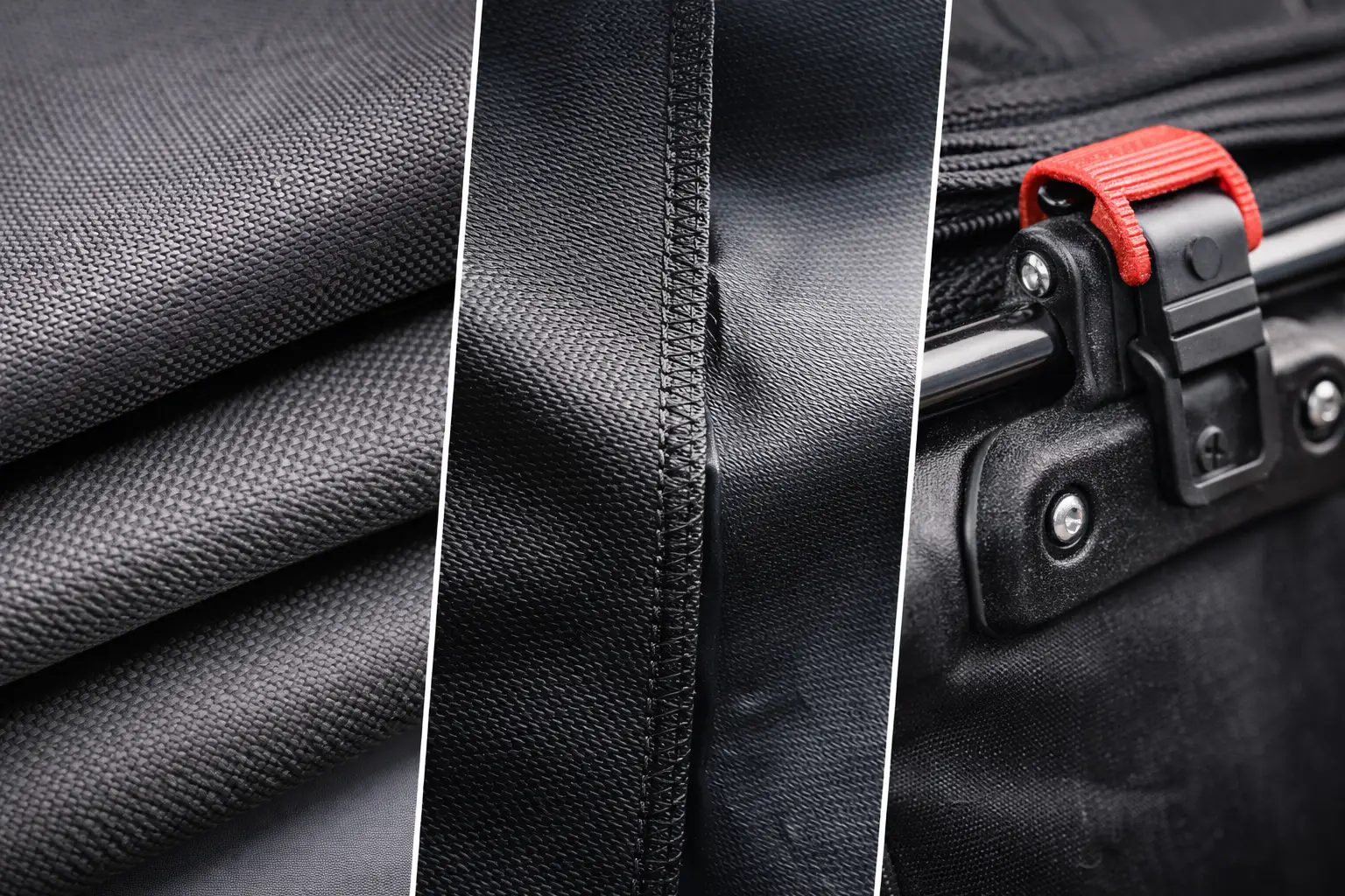 Close-up of commuter bicycle bag materials showing high-denier fabric texture, stitched vs waterproof seam construction, and pannier hook hardware detail
