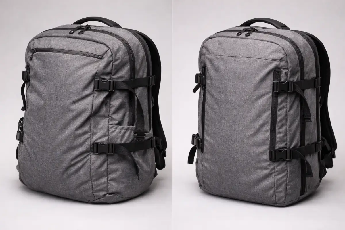 Comparison between compressed and uncompressed travel backpack showing depth difference for airline cabin compliance