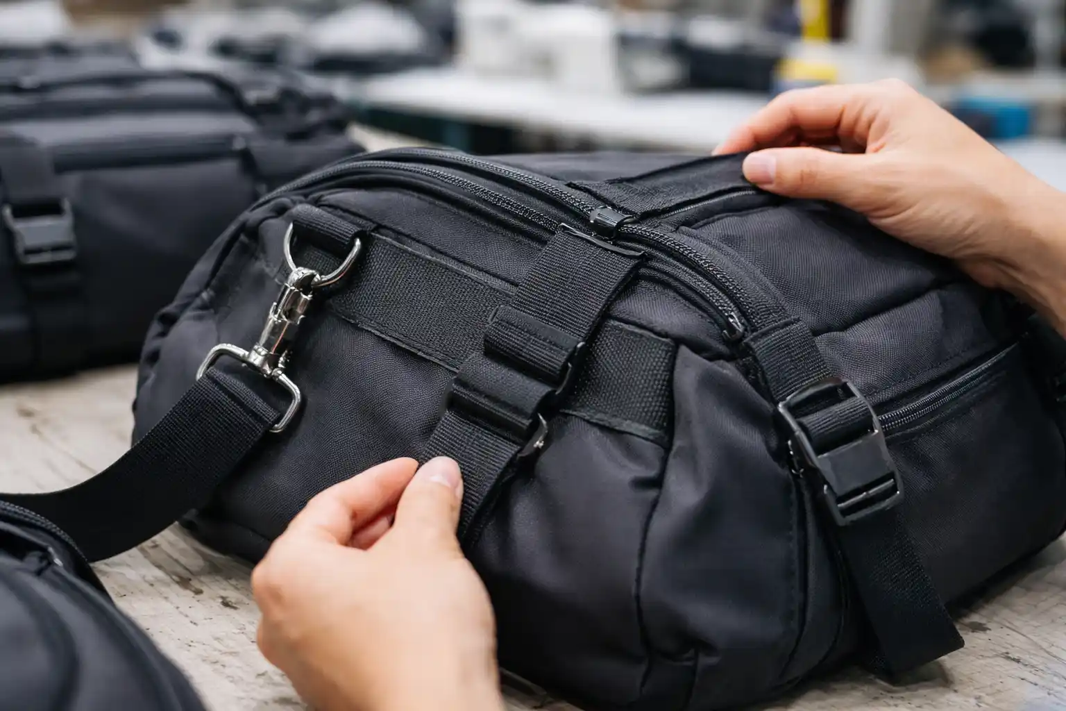 Inspeksi nutup tina jahitan sareng tulangan pikeun konstruksi kantong gym awét