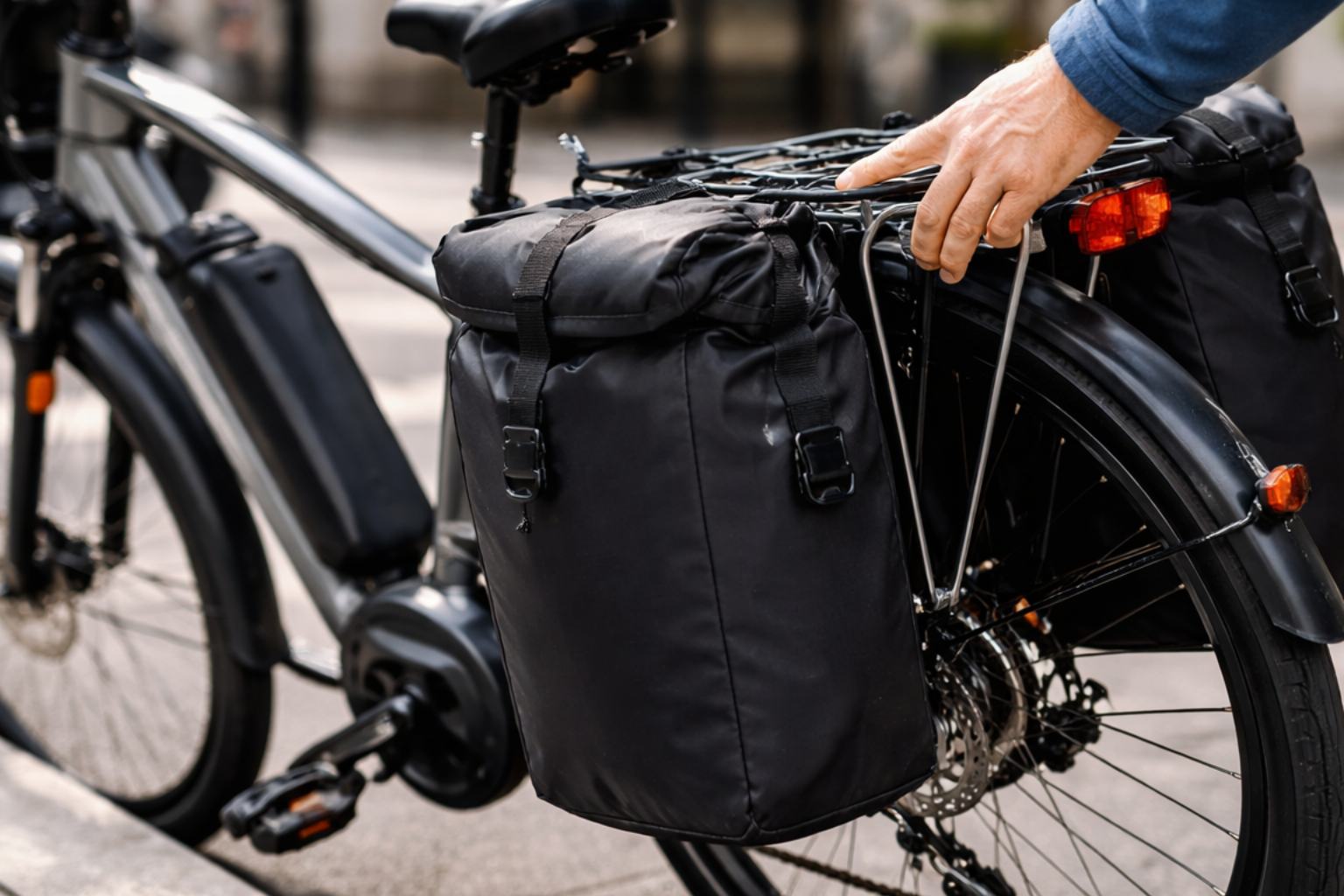 E-bike commuter checking rear rack and pannier hooks to diagnose bicycle pannier sway