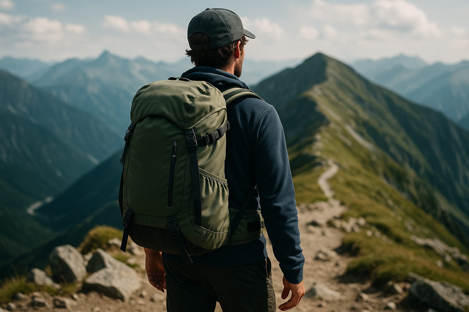 Neach-coiseachd a’ cleachdadh baga-droma coiseachd uisge-dìonach ann an slighe beinne, a’ taisbeanadh feartan pocannan coiseachd riatanach airson pacaidean 20L agus 30L.