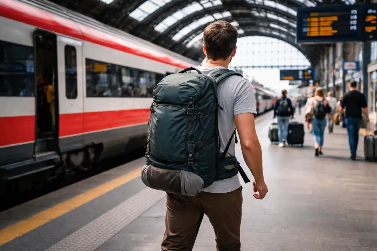 مسافر چې د اروپا ریل سټیشن پلیټ فارم کې د 40L کڅوړه لیږدوي