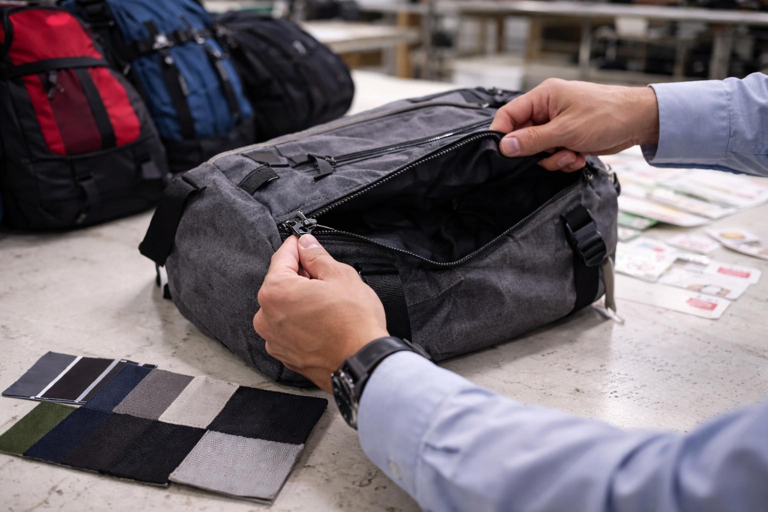 Quality inspector performing a zipper opening and closing test on an OEM gym bag to verify smoothness, alignment, and durability before shipment.