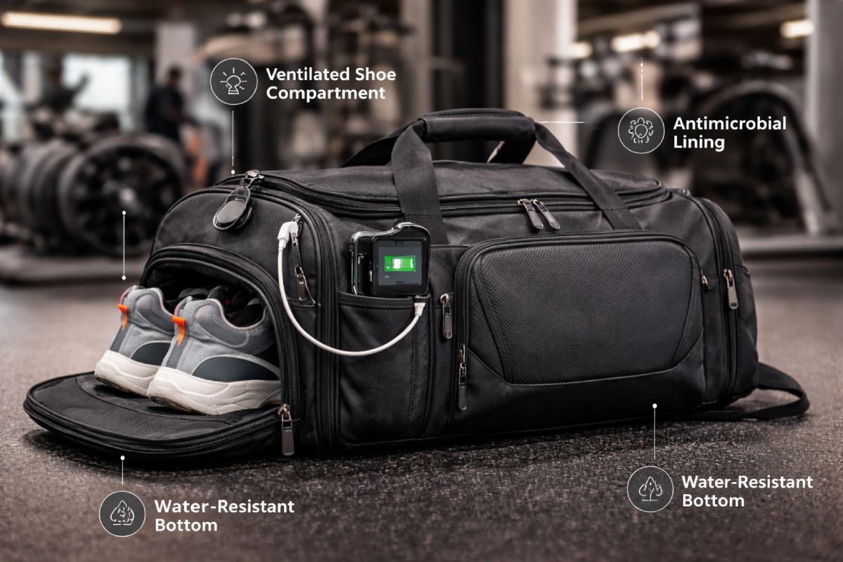 Hodierna sacculi gym pera featuring provectus calceamentum cellula consilium cum evacuatione, tunica antimicrobialis, et structura aquarum repugnans