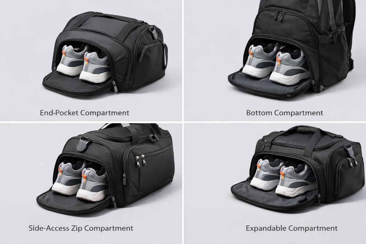 Commune gymnasium sacculi calcei camerae extensiones includunt sinum finem, fundum cellula, latus accessum zip, et sectiones calceamenti expandable