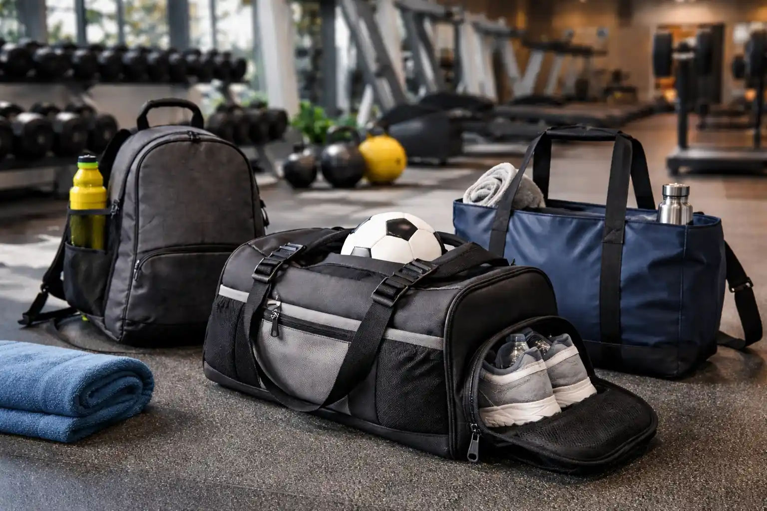 Three gym bags arranged on a gym floor, featuring a sports backpack with a water bottle, a black duffel with sneakers and a soccer ball, and a navy blue tote with a towel and water bottle.