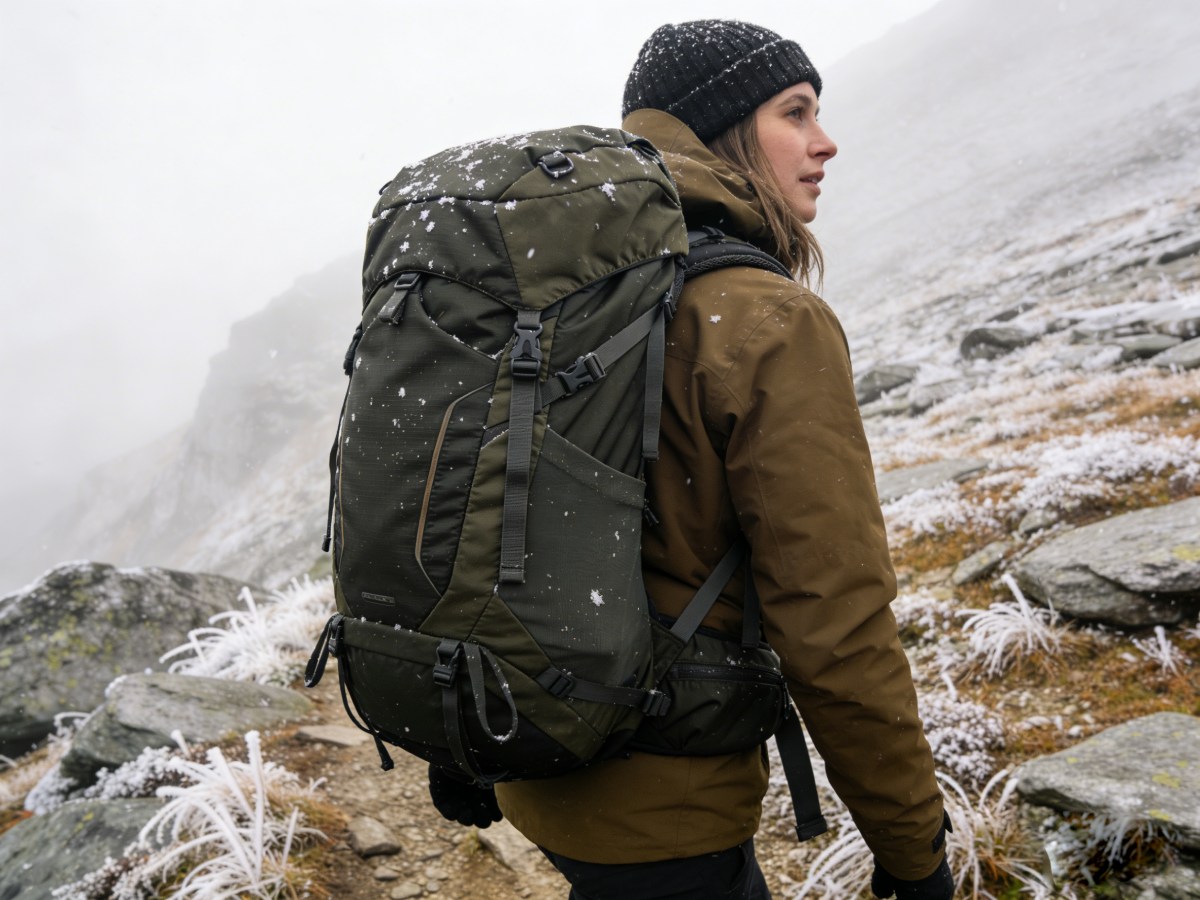 Hiker nga nagsul-ob og weather-resistant nga hiking backpack sa bugnaw nga alpine nga kondisyon, nga nagpakita kung unsa ang performance sa mga backpack material sa ubos nga temperatura