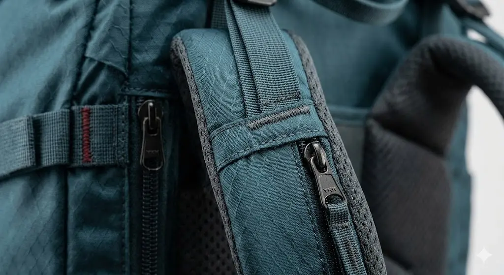 A macro close-up showcasing the reinforced bar-tack stitching and durable ripstop nylon fabric texture on a professional hiking backpack, highlighting technical manufacturing quality.