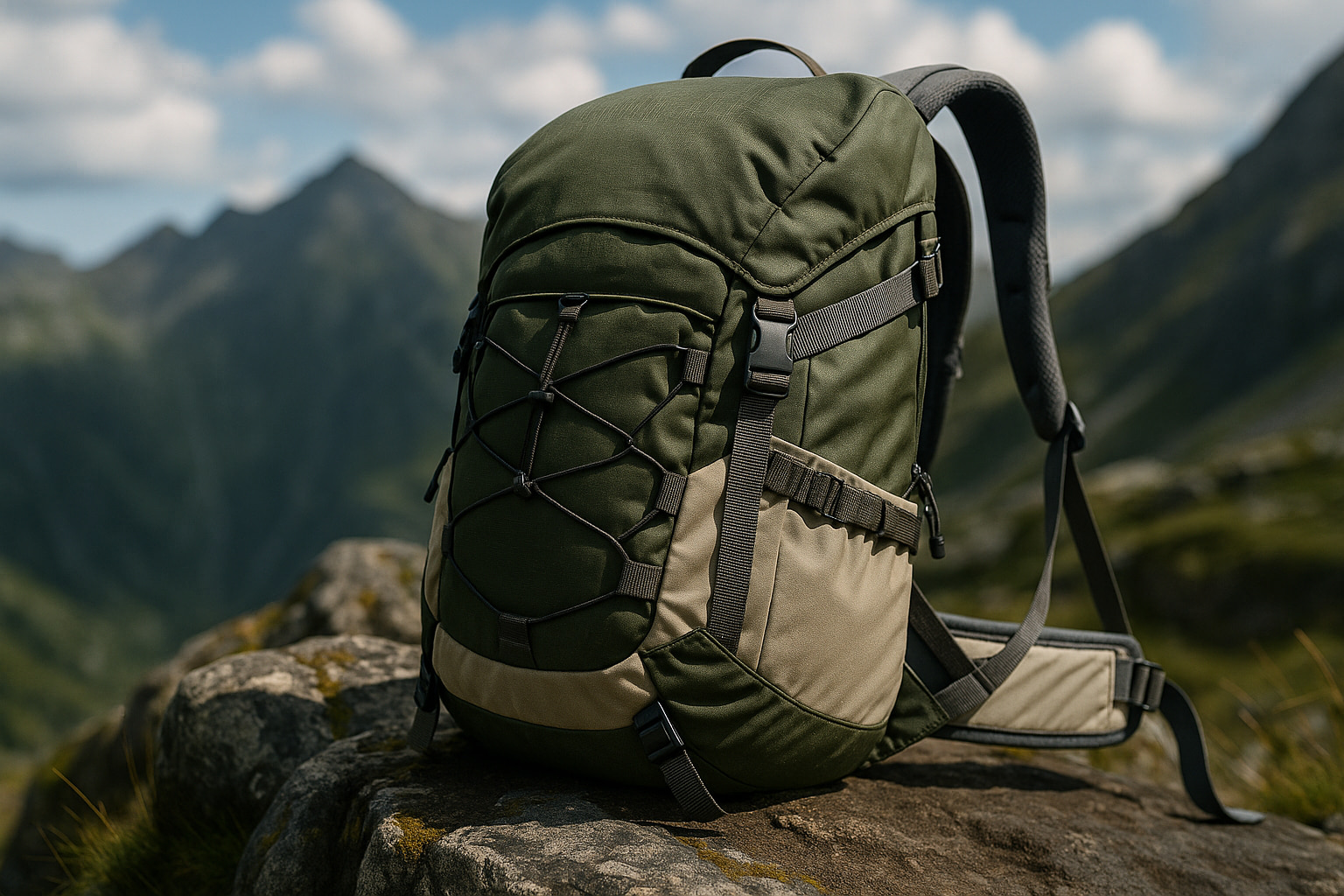 Backpack hiking digawe saka kain Riptop Nilon lan tahan lama 600, diselehake ing gunung gunung, nuduhake kinerja bahan gear.