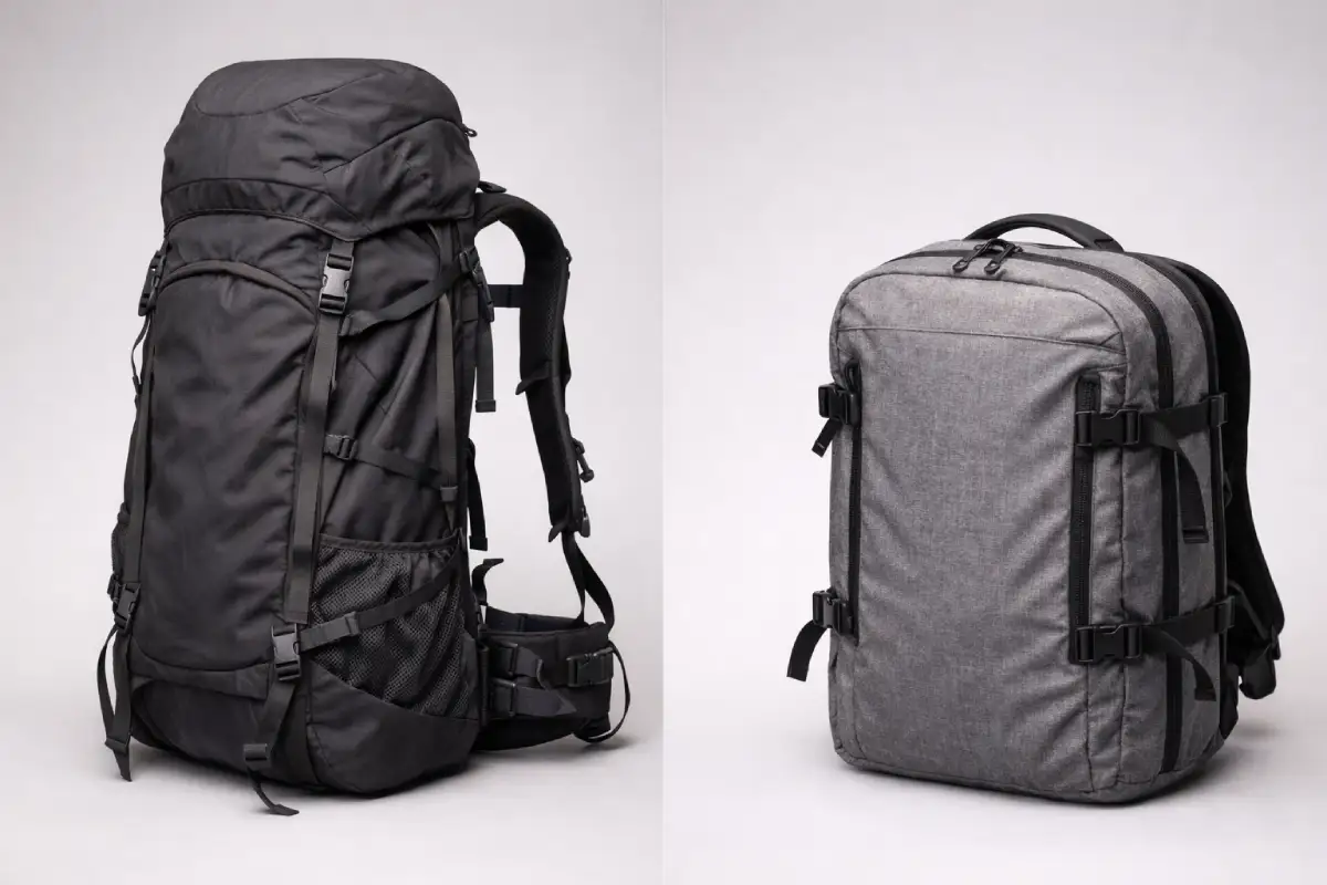 کمپریسڈ اور غیر کمپریسڈ ٹریول بیگ کے درمیان موازنہ ایئر لائن کیبن کی تعمیل کے لیے گہرائی کا فرق دکھا رہا ہے