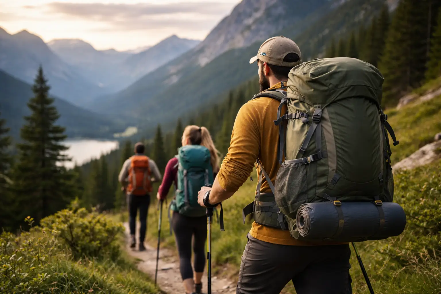Three hikers trekking through a mountainous trail with hiking backpacks, surrounded by rugged peaks and lush forests, in early morning light.