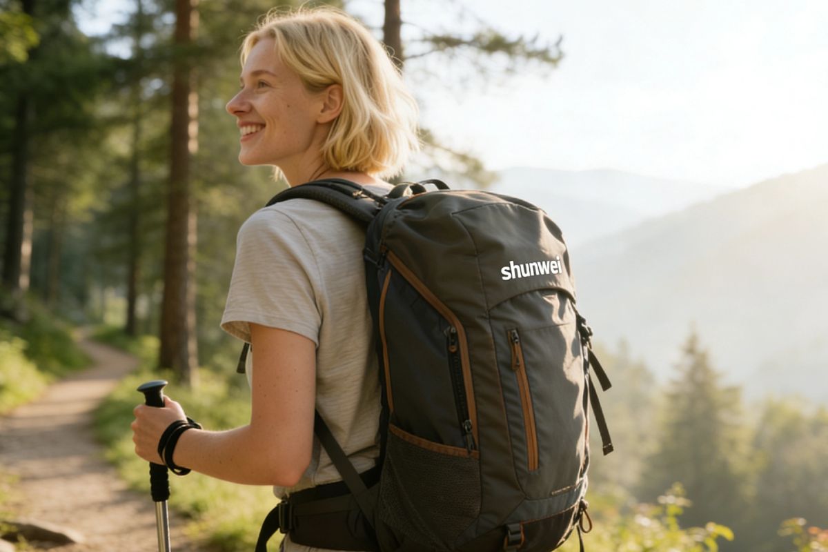 Umukinnyi utangira wambaye igikapu cya Shunwei ku nzira y'ishyamba, yerekana ikwirakwizwa ryiza kandi ryiza.